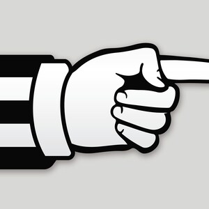 May include: A black and white cartoon hand pointing to the right. The hand is wearing a striped cuff.
