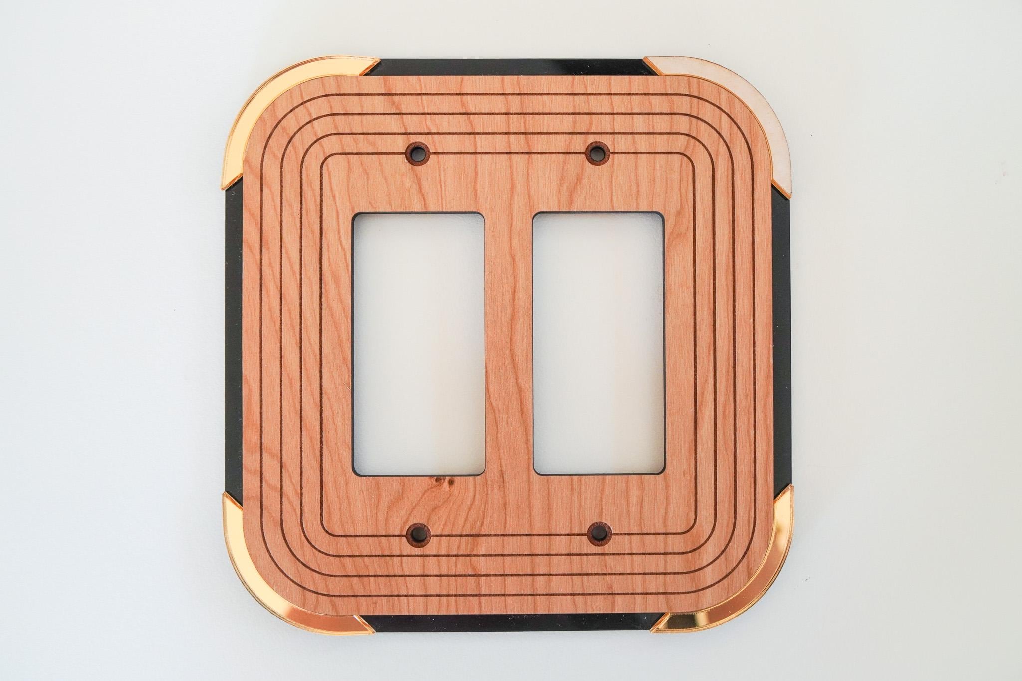 Art Deco Wood Light Switch Cover: Copper & Rose Gold Accent