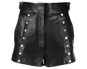 Ladies Stud Detailed Black Leather Shorts Handmade Genuine Sheep Leather Outwear Modern Women Shorts
