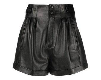 New Black High Waisted Handmade Pleated Leather Shorts Fashionable and Trendy Leather Shorts Office and Street wear Skirt/Shorts