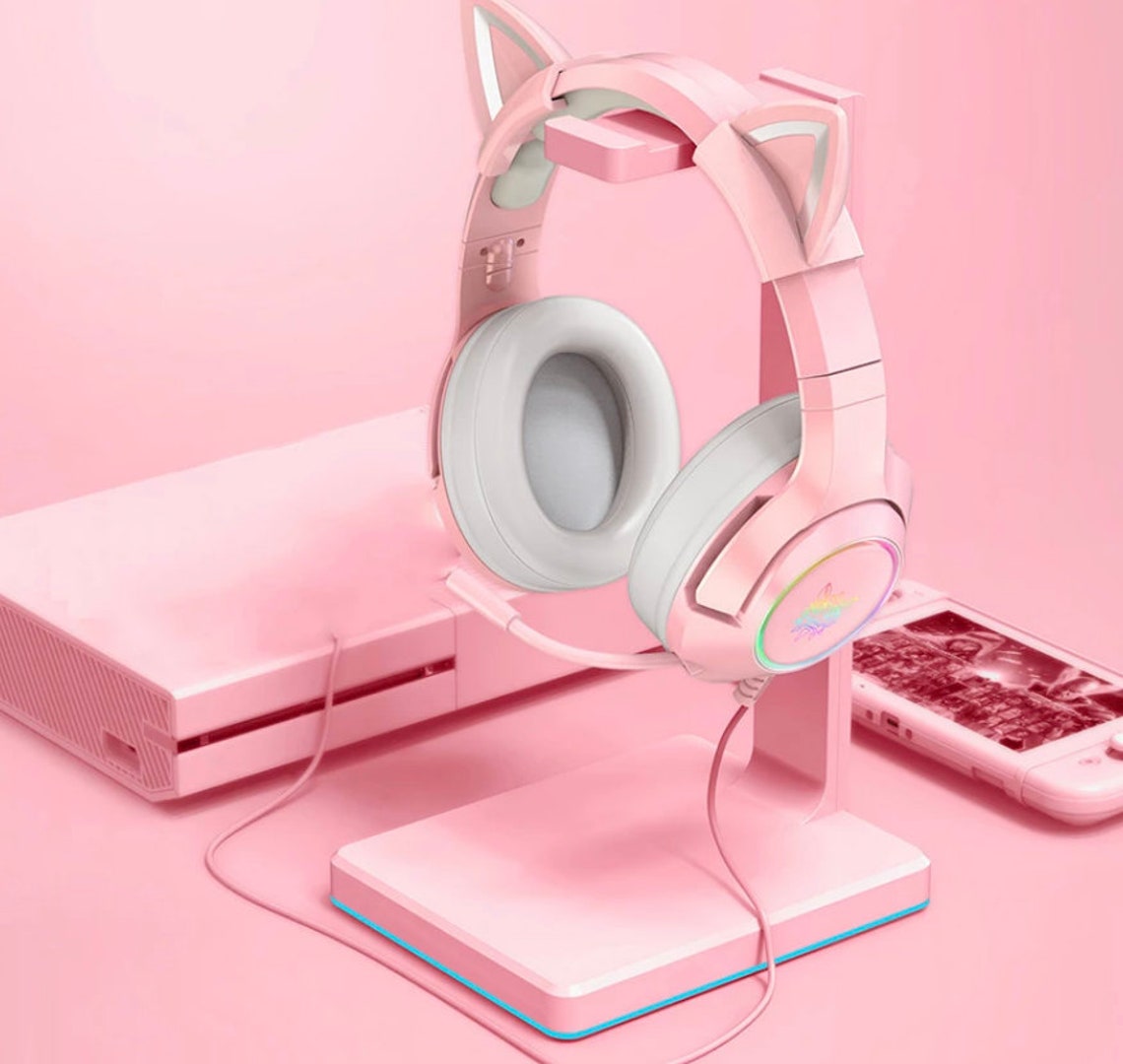 Pink Cat Ear Headset Girls Wired Stereo Gaming Headphones Etsy