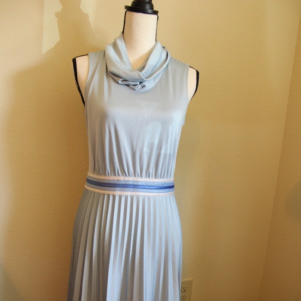 Authentic 70s Vintage Dress with Cowl Neck and Accordion Skirt Light Blue with Striped Waist so Cute!