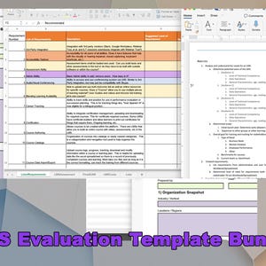 Könnte beinhalten: Ein digitales Dokumentenpaket mit dem Titel "LMS Evaluation Template Bundle" wird auf einem Computerbildschirm angezeigt. Das Bild zeigt mehrere offene Fenster mit Tabellenkalkulationen und Textdokumenten. Die Dokumente enthalten Tabellen, Listen und Notizen zu LMS-Anforderungen und -Bewertungen.