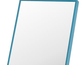 May include: A blue framed mirror with a white reflective surface.