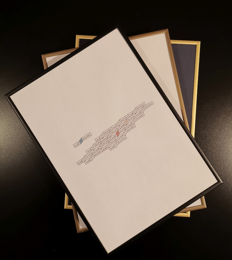 May include: A white framed print with the words "wall bonito" repeated in a pattern. The words are arranged in a diagonal line from the bottom left corner to the top right corner of the print.