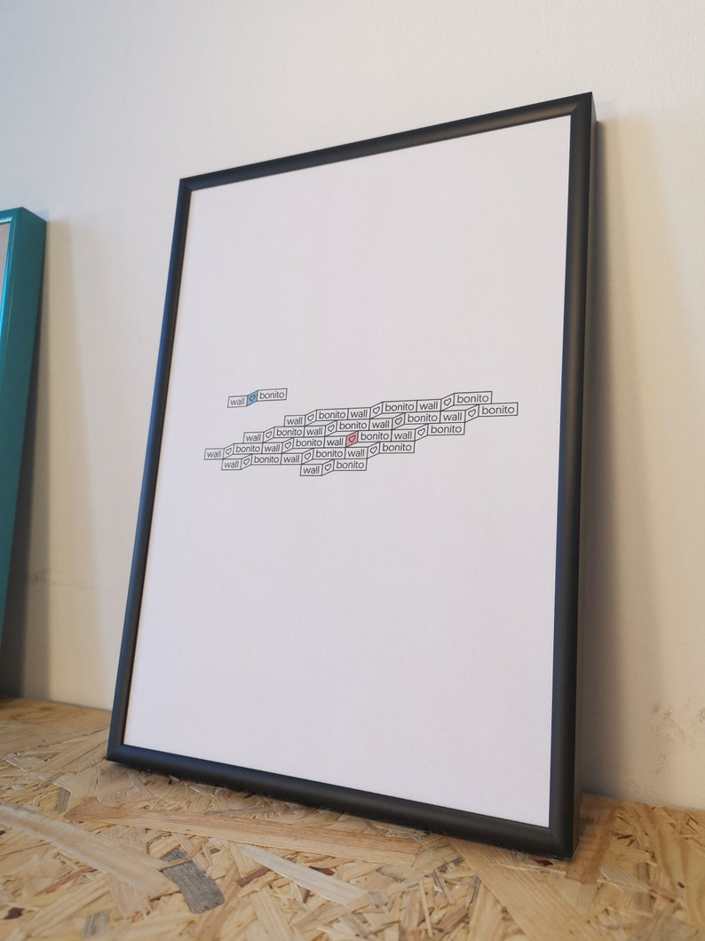 May include: A black framed print with the words "wall bonito" repeated in a pattern. The words are arranged in a wave-like pattern, with the word "bonito" in red.
