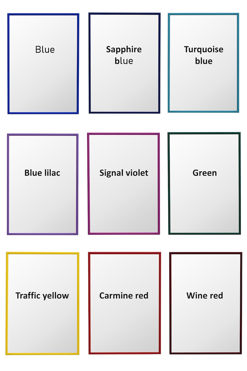 May include: Nine color swatches with white backgrounds and colored borders. The colors are blue, sapphire blue, turquoise blue, blue lilac, signal violet, green, traffic yellow, carmine red, and wine red.