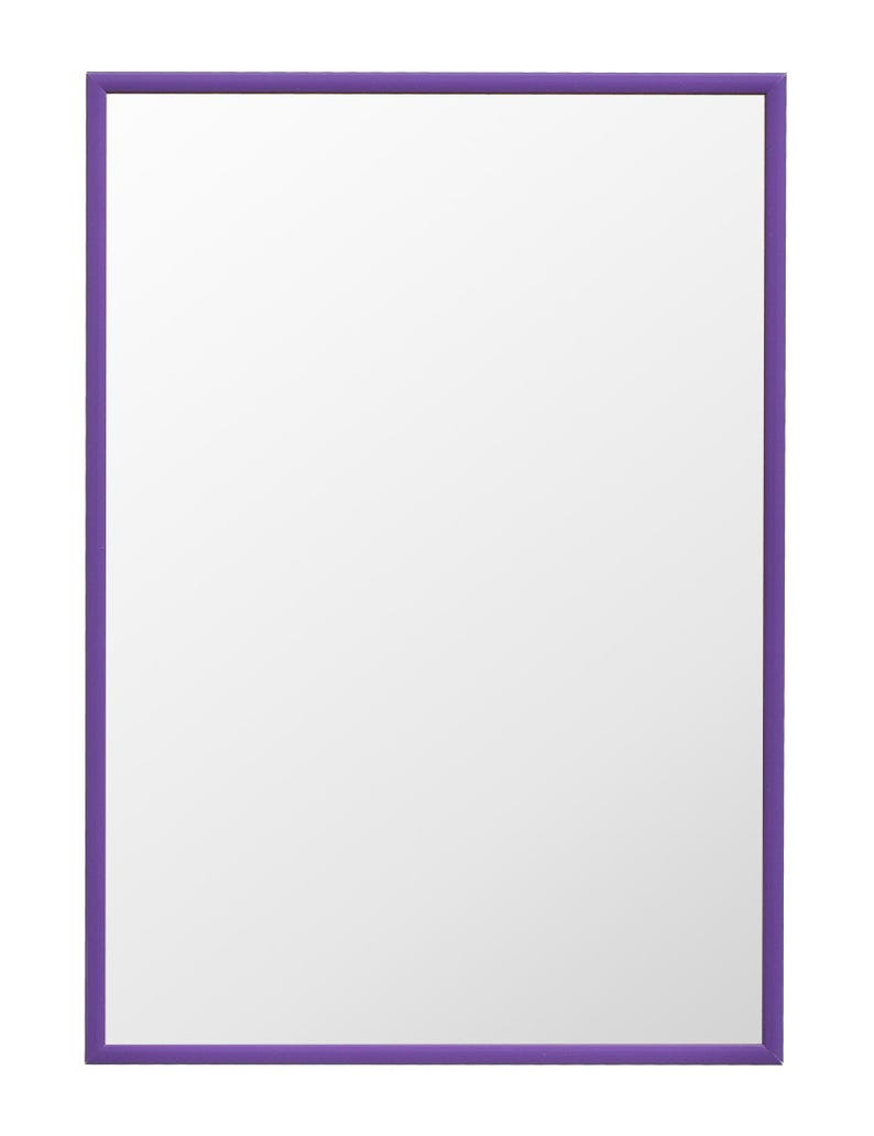 May include: A rectangular mirror with a vibrant purple frame. The frame is a solid color, and the mirror's surface is a clean, bright white. The design is simple and modern, suitable for various decor styles.