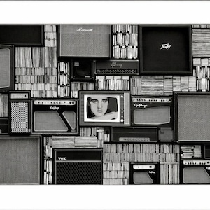 May include: Monochrome image showing a collection of vintage amplifiers, speakers, and vinyl records. A small television in the centre displays Elvis Presley. The composition creates a retro musical theme, reminiscent of a bygone era.