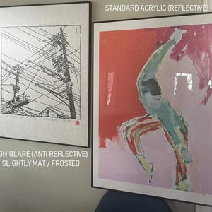 Op de afbeelding: Twee ingelijste prints hangen aan een muur. De print aan de linkerkant is een zwart-witte lijntekening van een telefoonpaal met veel draden. De print aan de rechterkant is een kleurrijk abstract schilderij van een dansende persoon. De tekst "NON GLARE (ANTI REFLECTIVE) SLIGHTLY MAT/FROSTED" staat onder de linker print. De tekst "STANDARD ACRYLIC (REFLECTIVE)" staat boven de rechter print.