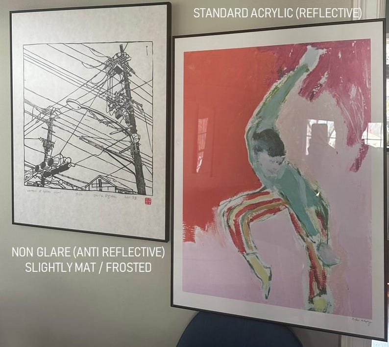 Op de afbeelding: Twee ingelijste prints hangen aan een muur. De print aan de linkerkant is een zwart-witte lijntekening van een telefoonpaal met veel draden. De print aan de rechterkant is een kleurrijk abstract schilderij van een dansende persoon. De tekst "NON GLARE (ANTI REFLECTIVE) SLIGHTLY MAT/FROSTED" staat onder de linker print. De tekst "STANDARD ACRYLIC (REFLECTIVE)" staat boven de rechter print.