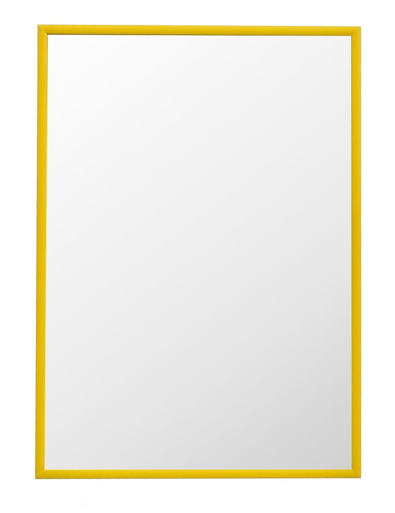 May include: A rectangular mirror with a bright yellow frame. The mirror's reflective surface is white, and the frame is a solid, vibrant yellow. The design is simple and modern, suitable for various decor styles.
