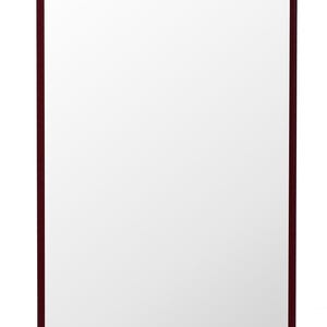 May include: A rectangular mirror with a dark burgundy frame. The mirror's surface is plain white, reflecting light. The frame is a solid, dark color, creating a defined border around the reflective surface. The design is simple and modern.
