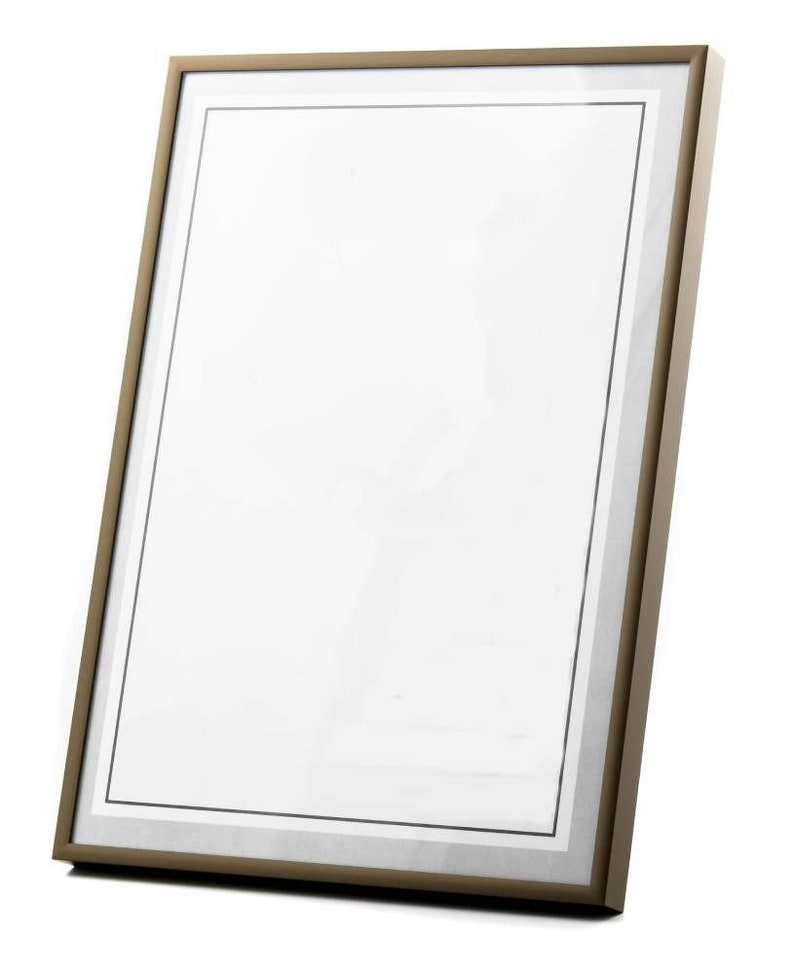 May include: A gold-toned picture frame with a white mat and a black inner border. The frame is angled slightly to the right.