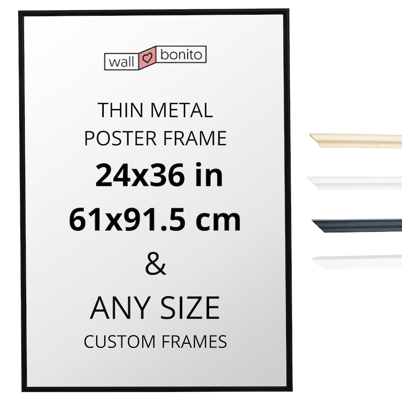 K&ouml;nnte beinhalten: Schwarzer Metall-Posterrahmen mit dem Text "wall bonito" und "THIN METAL POSTER FRAME 24x36 in 61x91.5 cm & ANY SIZE CUSTOM FRAMES".
