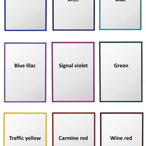 May include: Nine color swatches with white backgrounds and colored borders. The colors are blue, sapphire blue, turquoise blue, blue lilac, signal violet, green, traffic yellow, carmine red, and wine red.