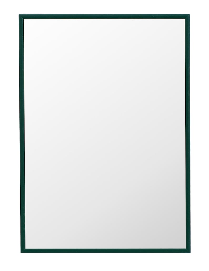 May include: A rectangular mirror with a dark green frame. The mirror's reflective surface fills the majority of the frame, offering a clear, unobstructed view. The frame's color provides a striking contrast to the white background.