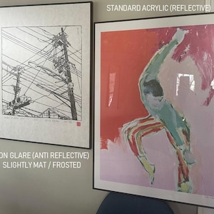 May include: Two framed art prints. One is a black and white ink drawing of utility poles and wires. The other is an abstract painting of a figure in shades of green, red, and pink. The frames are black. Text on the image reads: NON GLARE (ANTI REFLECTIVE) SLIGHTLY MAT / FROSTED and STANDARD ACRYLIC (REFLECTIVE).