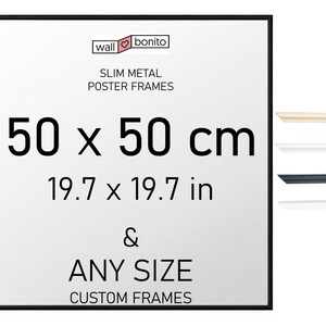 Könnte beinhalten: Ein quadratischer, schmaler Metall-Posterrahmen mit dem Text wall bonito, SLIM METAL POSTER FRAMES, 50 x 50 cm, 19.7 x 19.7 in, &, ANY SIZE, CUSTOM FRAMES. Rechts befinden sich vier kleine Rahmenprofil-Muster in hellem Holz, Weiß, Schwarz und Weiß.