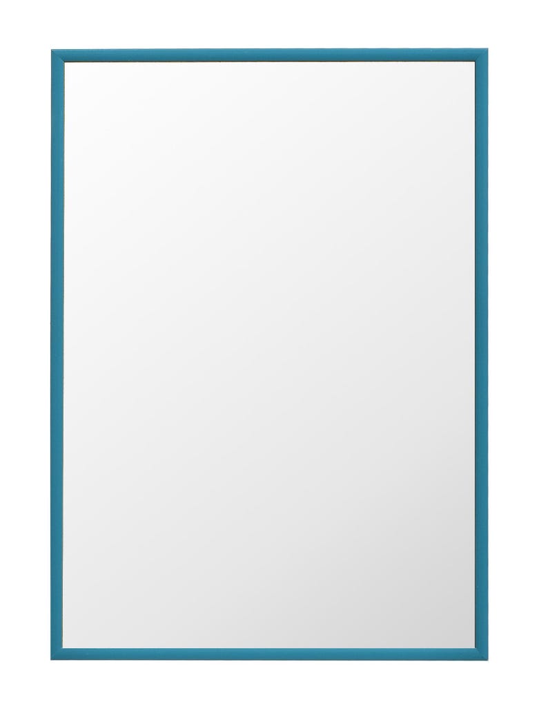 May include: A rectangular mirror with a teal blue frame. The mirror's surface is white, and the frame is a solid, matte color. The design is simple and modern, suitable for various interior styles.