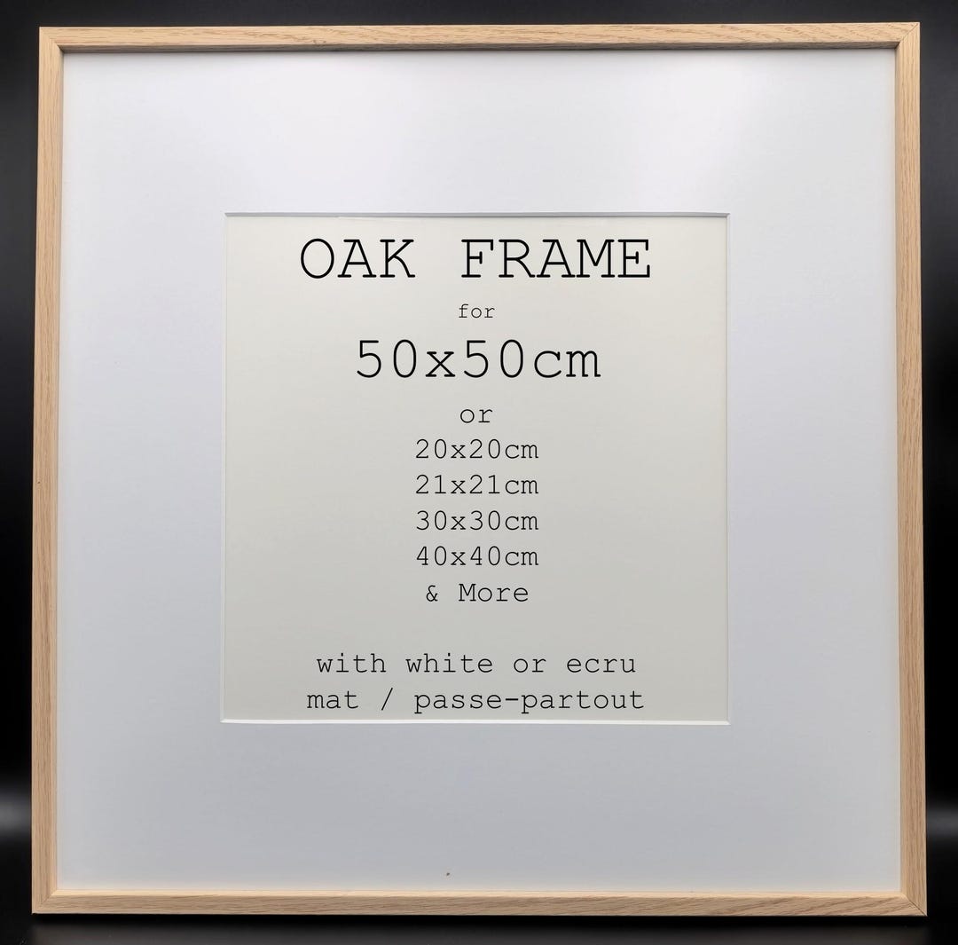 50x50cm Picture Frame With Mount | Natural Oak Wood - Minimalist Slim Design | Display With Mount 42x42 40x40 35x35cm 30x30 10x10in 12x12in