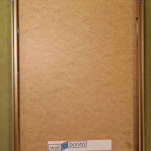 May include: A gold-colored picture frame with a brown backing. The frame has a hanging hook on the top and a sticker on the bottom that says "wall &hearts; bonito".
