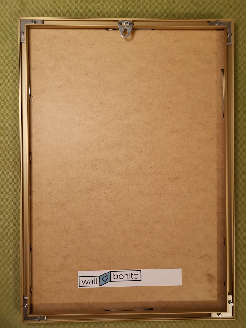 May include: A gold-colored picture frame with a brown backing. The frame has a hanging hook on the top and a sticker on the bottom that says "wall &hearts; bonito".