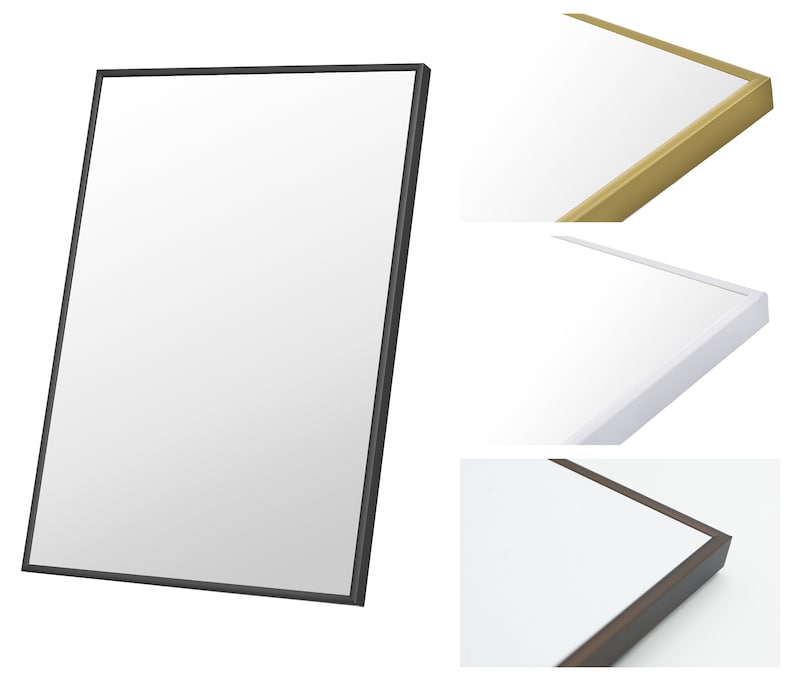 May include: A rectangular mirror with a black frame. The mirror is shown in three different frame colors: gold, white, and brown.