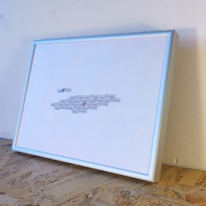 May include: A framed white print with a cluster of small, rectangular, blue and red paper scraps with text on them. The text on the scraps is mostly illegible.