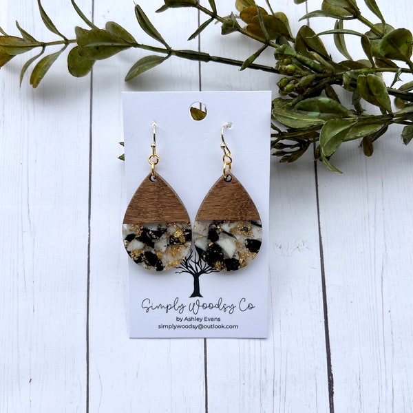 Black & Gold Earrings | Wooden Teardrop Earrings | Gold Resin Earrings | Black Resin Earrings | Large Teardrop Earrings