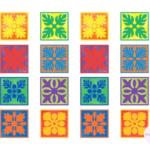 May include: A set of 16 colorful square tiles with different Hawaiian floral patterns. The tiles are in shades of yellow, green, red, blue, purple, and orange.