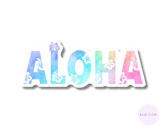 May include: A sticker with the word "ALOHA" in a rainbow watercolor design. The letters are decorated with white hibiscus flowers.