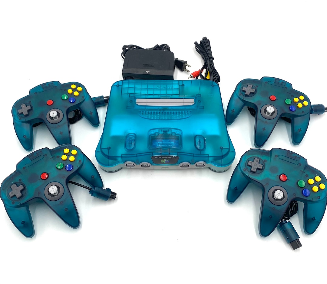 Region　to　Original　64　Jumper　N64　Etsy　Wires　Nintendo　Authentic　Blue　Console　Free　Pak　Ice　Controllers　up　Clear　Bundle