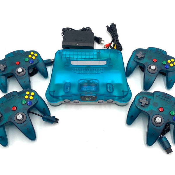 Authentic Nintendo 64 N64 Ice Blue Clear Console Region Free + Up to 4 Controllers + Jumper Pak + Original Wires Bundle