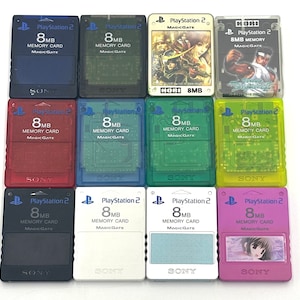 May include: A collection of twelve PlayStation 2 memory cards in various colors, including blue, green, red, and black. Each card is labeled with "PlayStation 2", "8MB Memory Card", and "MagicGate" and features the Sony logo.