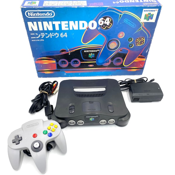 Nintendo 64 N64 Charcoal Black Console Region Free + Original Controller + Jumper Pak + Original Wires Bundle In Original BOX