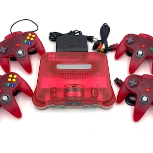 Authentic Nintendo 64 Watermelon Red N64 + Up to 4 Controllers + Jumper Pak + Wires Bundle
