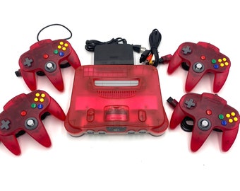 Authentic Nintendo 64 Watermelon Red N64 + Up to 4 Controllers + Jumper Pak + Wires Bundle