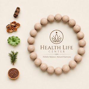May include: A beige background features a circular arrangement of light brown spheres surrounding a logo that reads "HEALTH LIFE CENTER". Various natural elements, including a walnut, herbs, and seeds, are arranged around the circle.