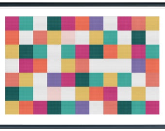 May include: Abstract geometric pattern with a grid of colorful squares in shades of teal, purple, pink, orange, and yellow on a white background.