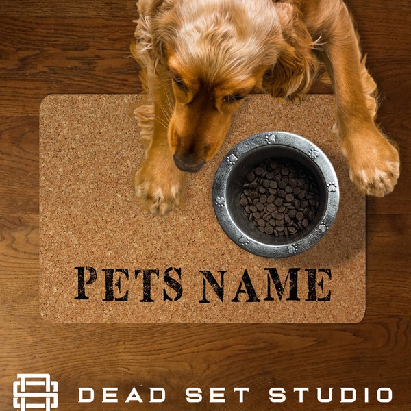 Personalised Pet Feeding Mat - Dog/Cat Bowl Mat - Wood Cork Pattern Design