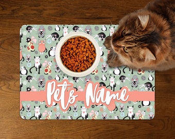 Personalised Pet Bowl Mat, Feeding Mat, Dog Bowl Mat, Cat Kitten Feeding Mat, Place Mat, Dog Mat Gift, Cat Pattern #2