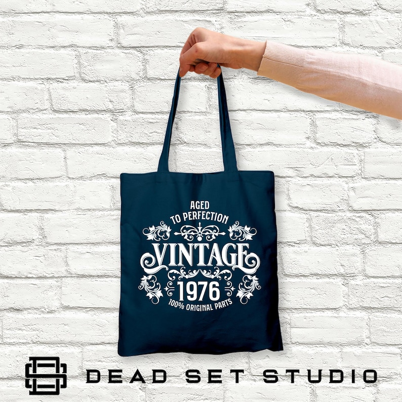 50th Birthday Tote Bag - Born in 1976 Vintage Cotton Petrol