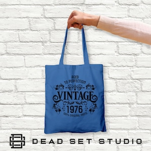 50th Birthday Tote Bag - Born in 1976 Vintage Cotton Cornflower Blue