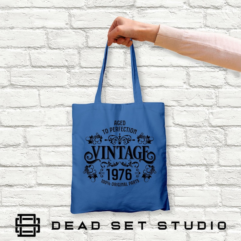 50th Birthday Tote Bag - Born in 1976 Vintage Cotton Cornflower Blue