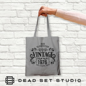 50th Birthday Tote Bag - Born in 1976 Vintage Cotton Light Grey