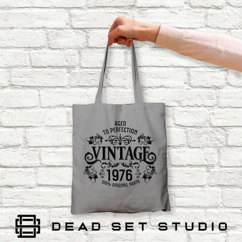 50th Birthday Tote Bag - Born in 1976 Vintage Cotton Light Grey