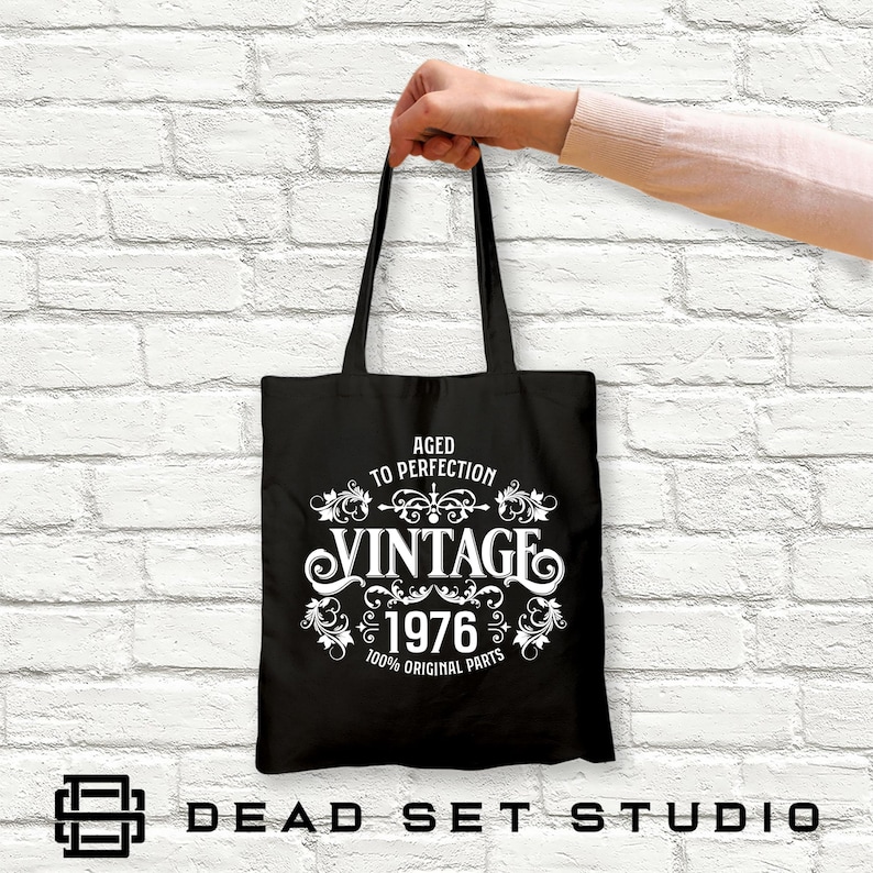 50th Birthday Tote Bag - Born in 1976 Vintage Cotton Black