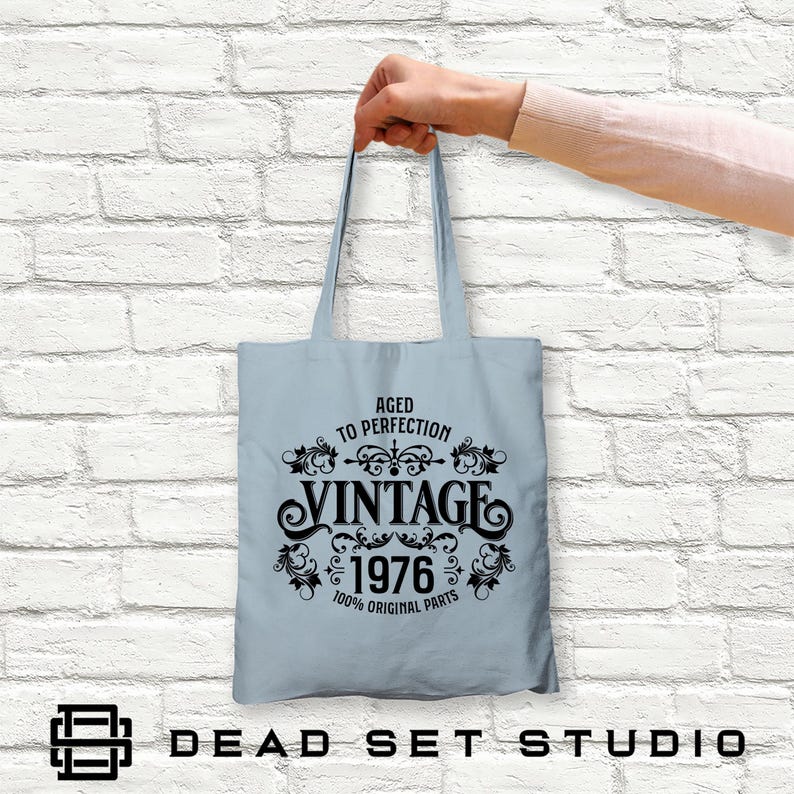 50th Birthday Tote Bag - Born in 1976 Vintage Cotton Pale Blue