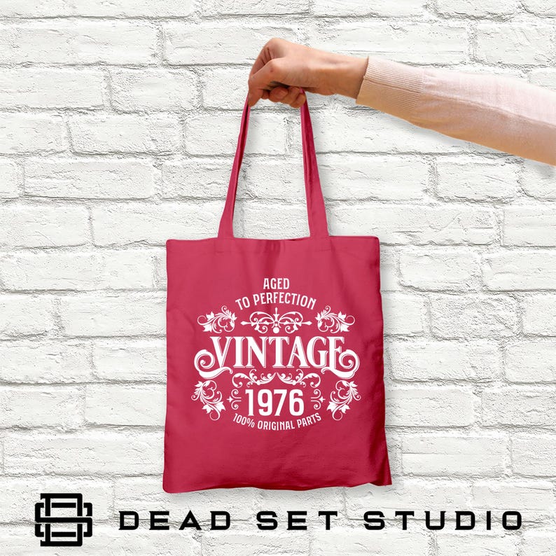 50th Birthday Tote Bag - Born in 1976 Vintage Cotton Raspberry Pink